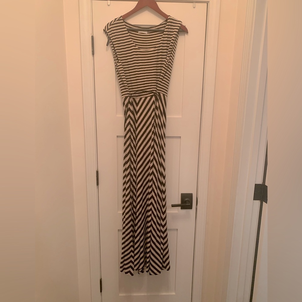Long, Black and white striped belted fitted dress, size 10